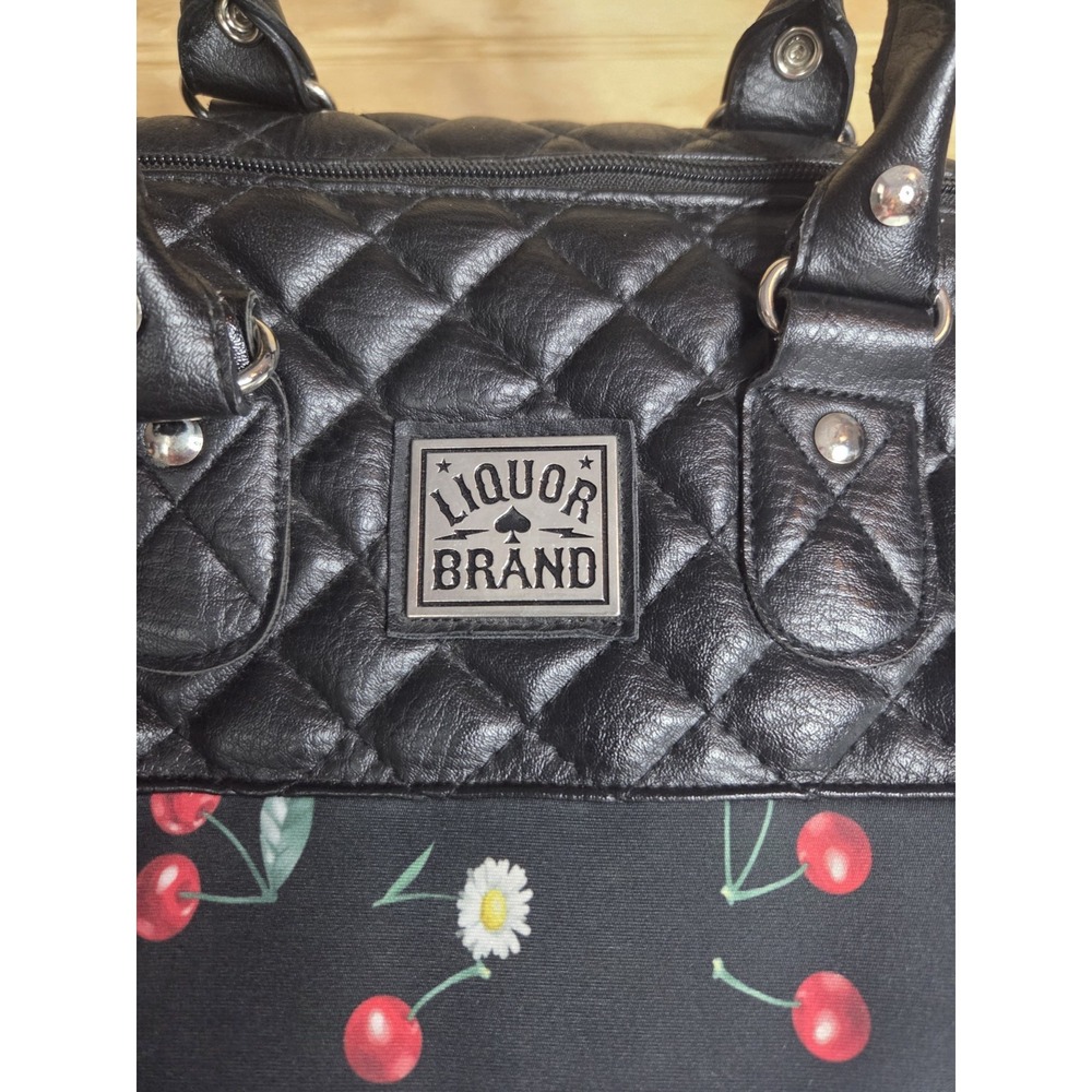 Liquorbrand Daisy Cherry Bowler Bag Quilted Satchel Duffel Shoulder Strap Black - Picture 2 of 9